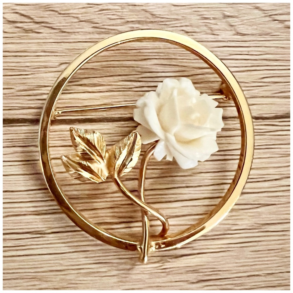 Vintage Circular 3D Carved Rose Flower Pin Brooch - 2” x 2”